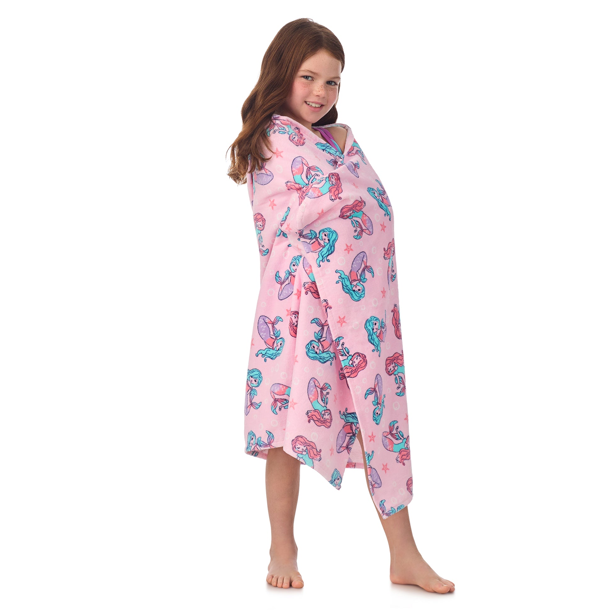Mermaid Pink;@A girl wearing Character Hooded Towels in Mermaid Pink
