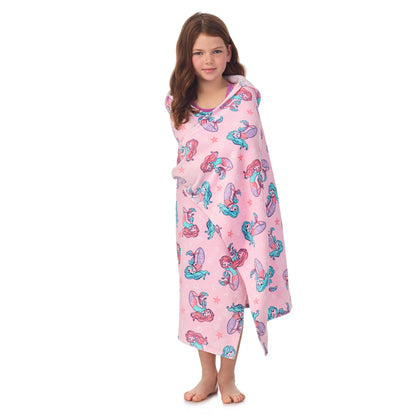 Mermaid Pink;@A girl wearing Character Hooded Towels in Mermaid Pink
