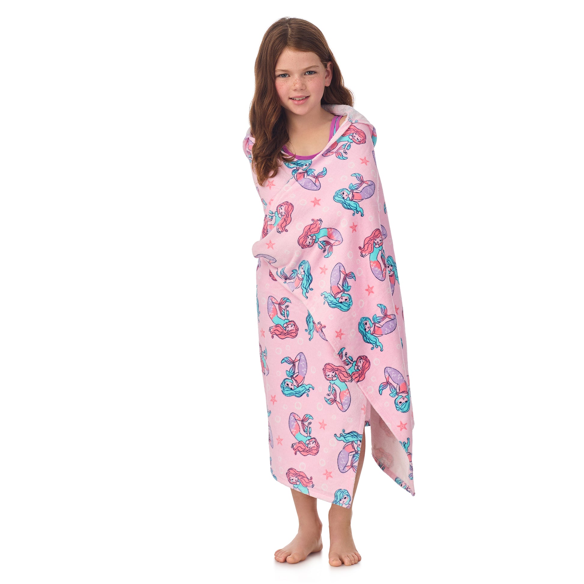 Mermaid Pink;@A girl wearing Character Hooded Towels in Mermaid Pink
