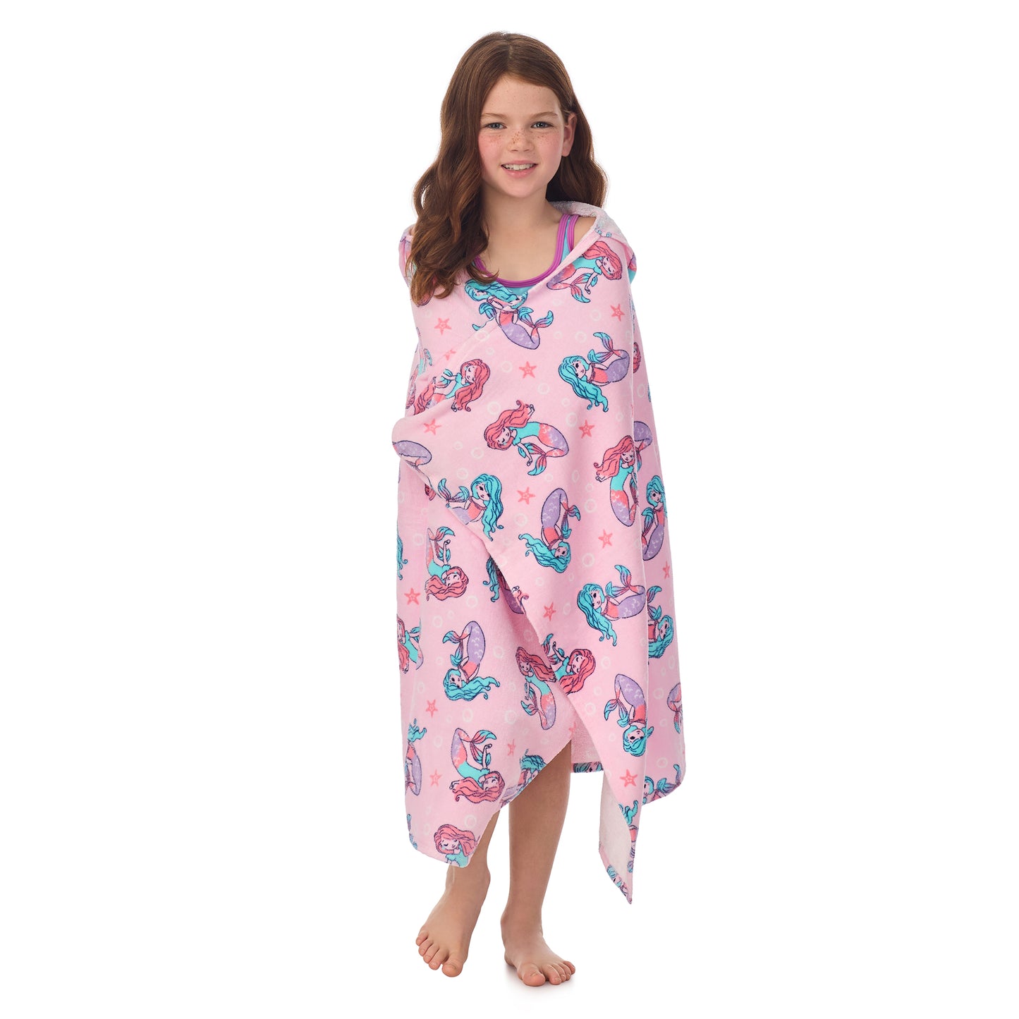 Mermaid Pink;@A girl wearing Character Hooded Towels in Mermaid Pink
