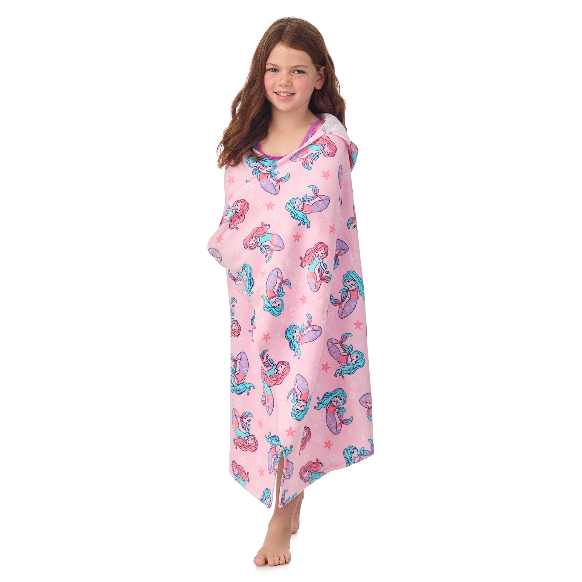 Mermaid Pink;@A girl wearing Character Hooded Towels in Mermaid Pink

