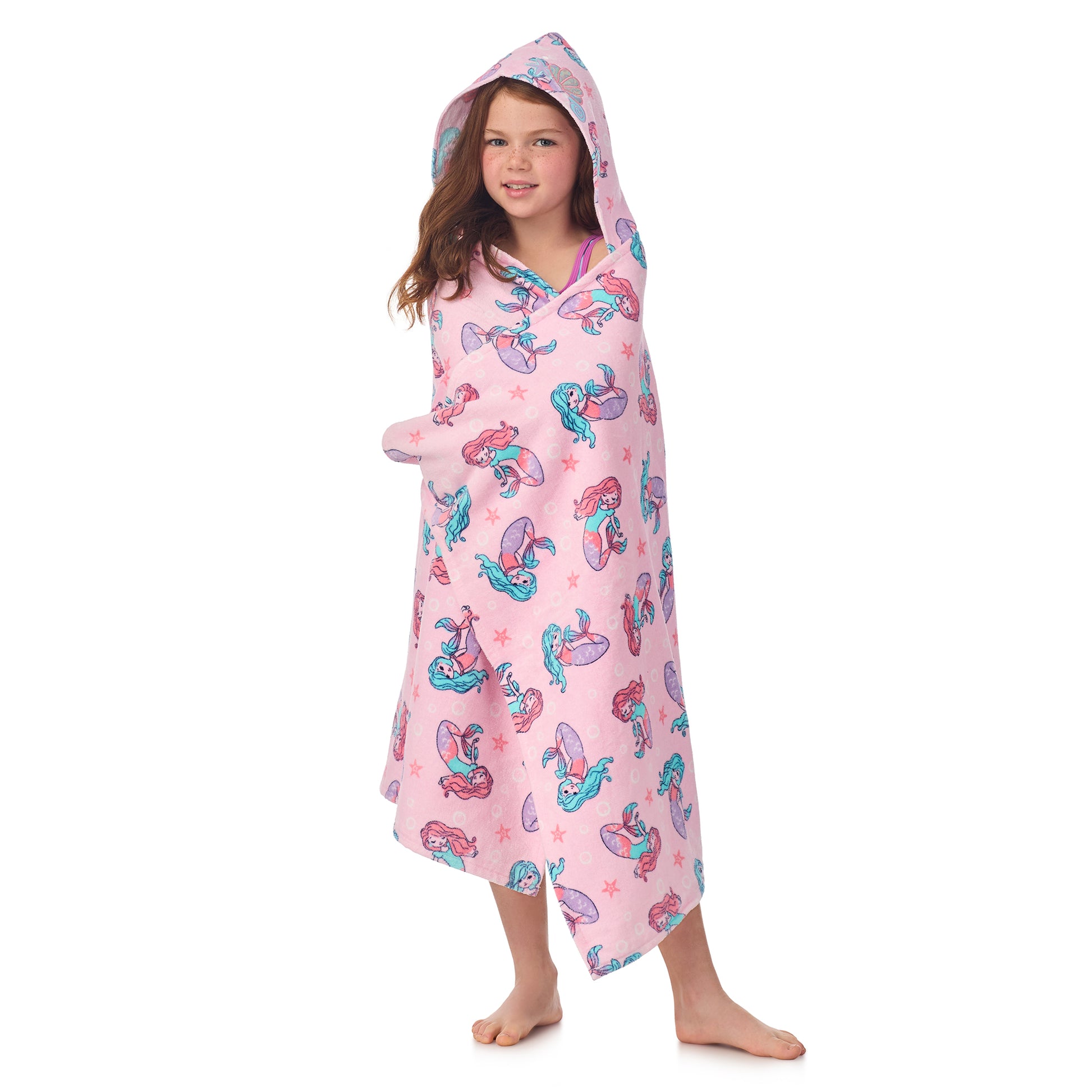 Mermaid Pink;@A girl wearing Character Hooded Towels in Mermaid Pink
