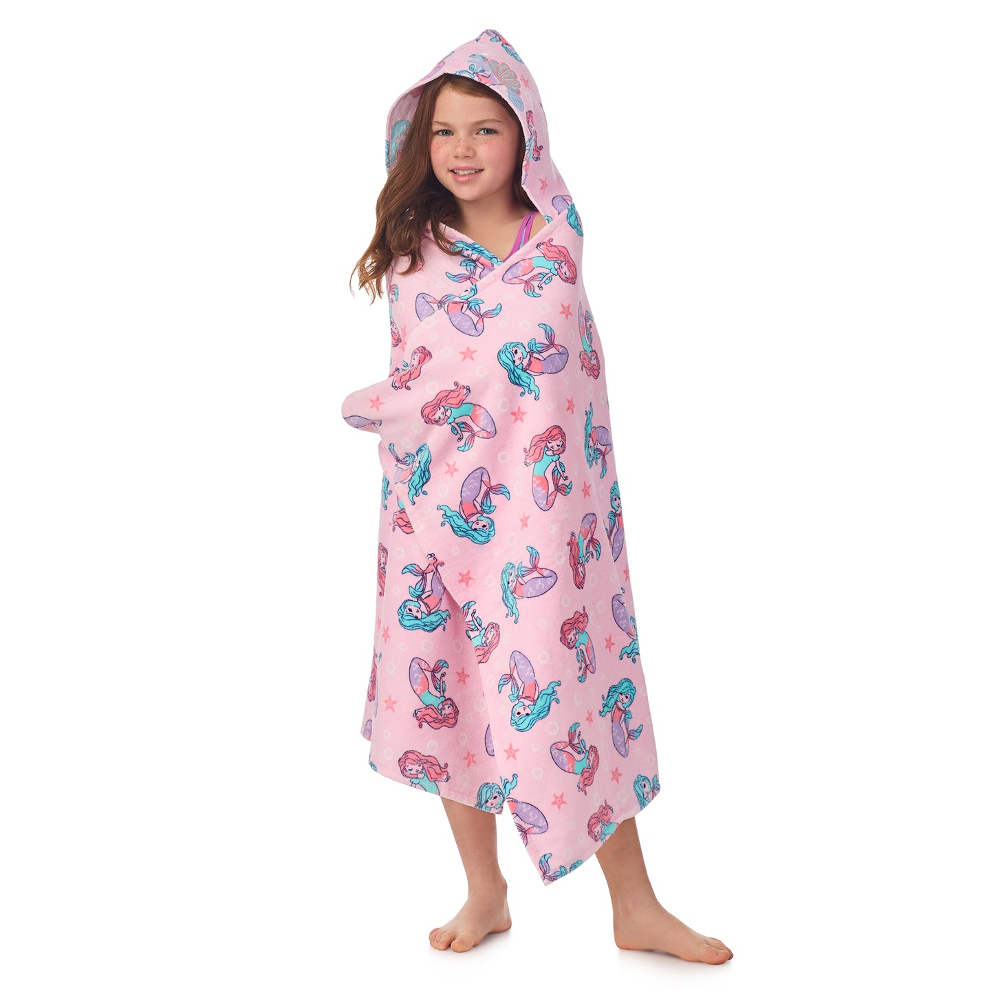 Mermaid Pink;@A girl wearing Character Hooded Towels in Mermaid Pink
