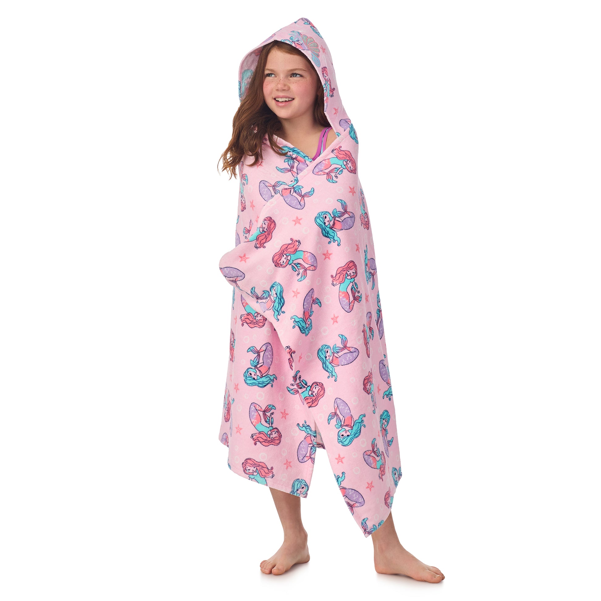 Mermaid Pink;@A girl wearing Character Hooded Towels in Mermaid Pink
