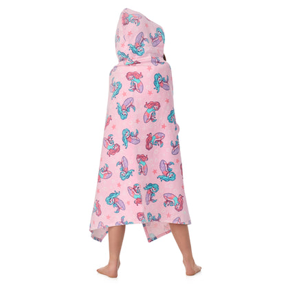 Mermaid Pink;@A girl wearing Character Hooded Towels in Mermaid Pink
