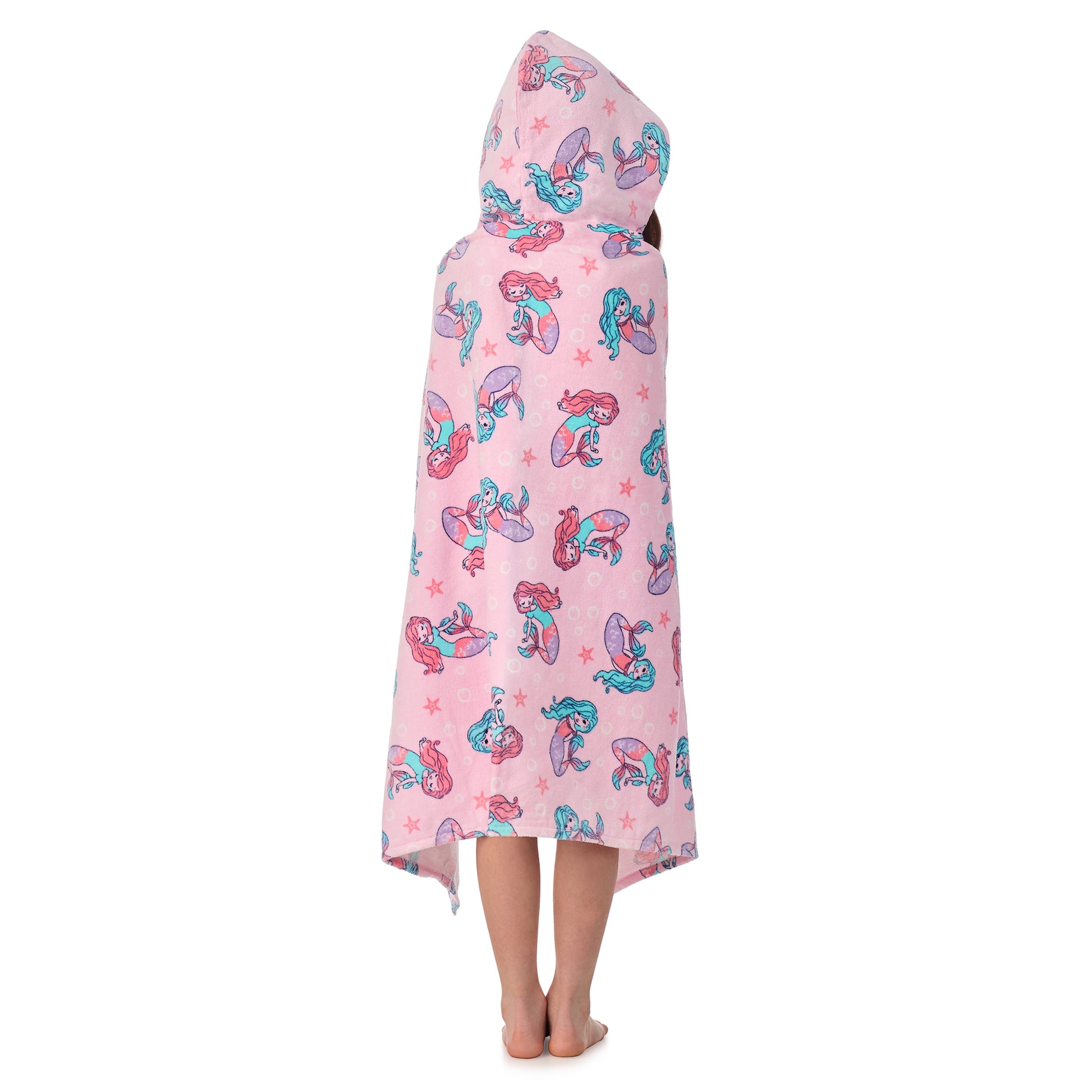 Mermaid Pink;@A girl wearing Character Hooded Towels in Mermaid Pink
