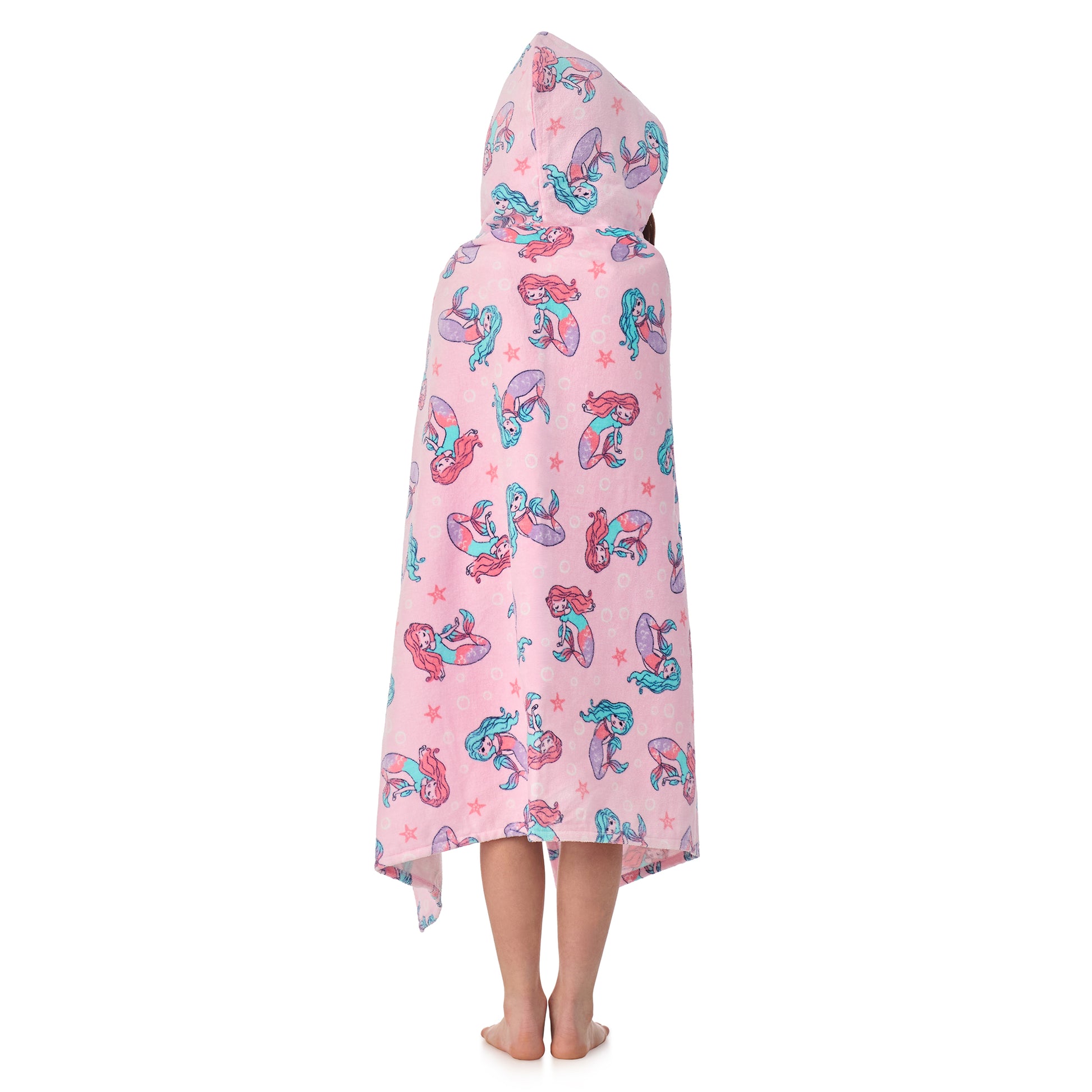 Mermaid Pink;@A girl wearing Character Hooded Towels in Mermaid Pink
