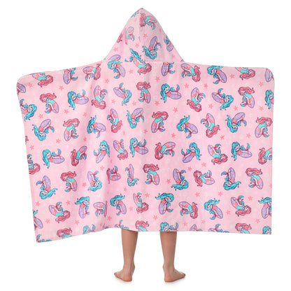 Mermaid Pink;@A girl wearing Character Hooded Towels in Mermaid Pink
