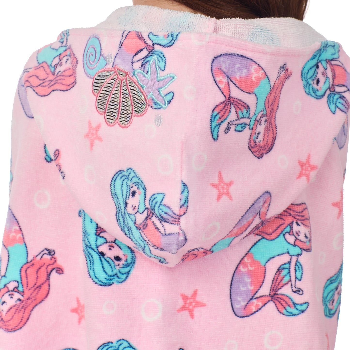 Mermaid Pink;@A girl wearing Character Hooded Towels in Mermaid Pink
