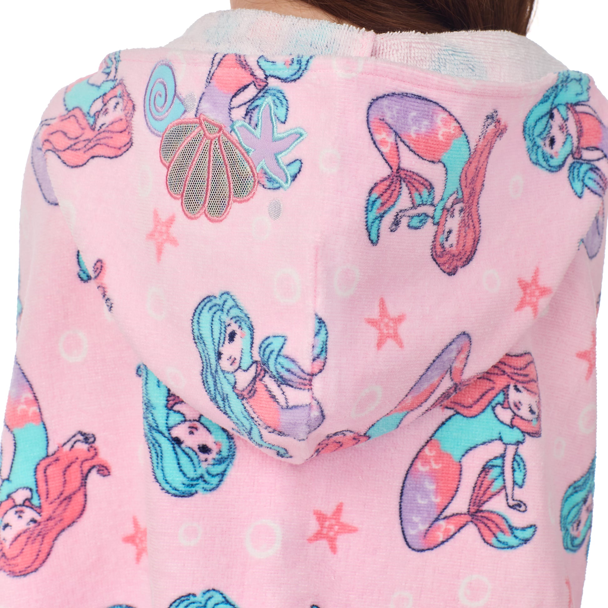 Mermaid Pink;@A girl wearing Character Hooded Towels in Mermaid Pink
