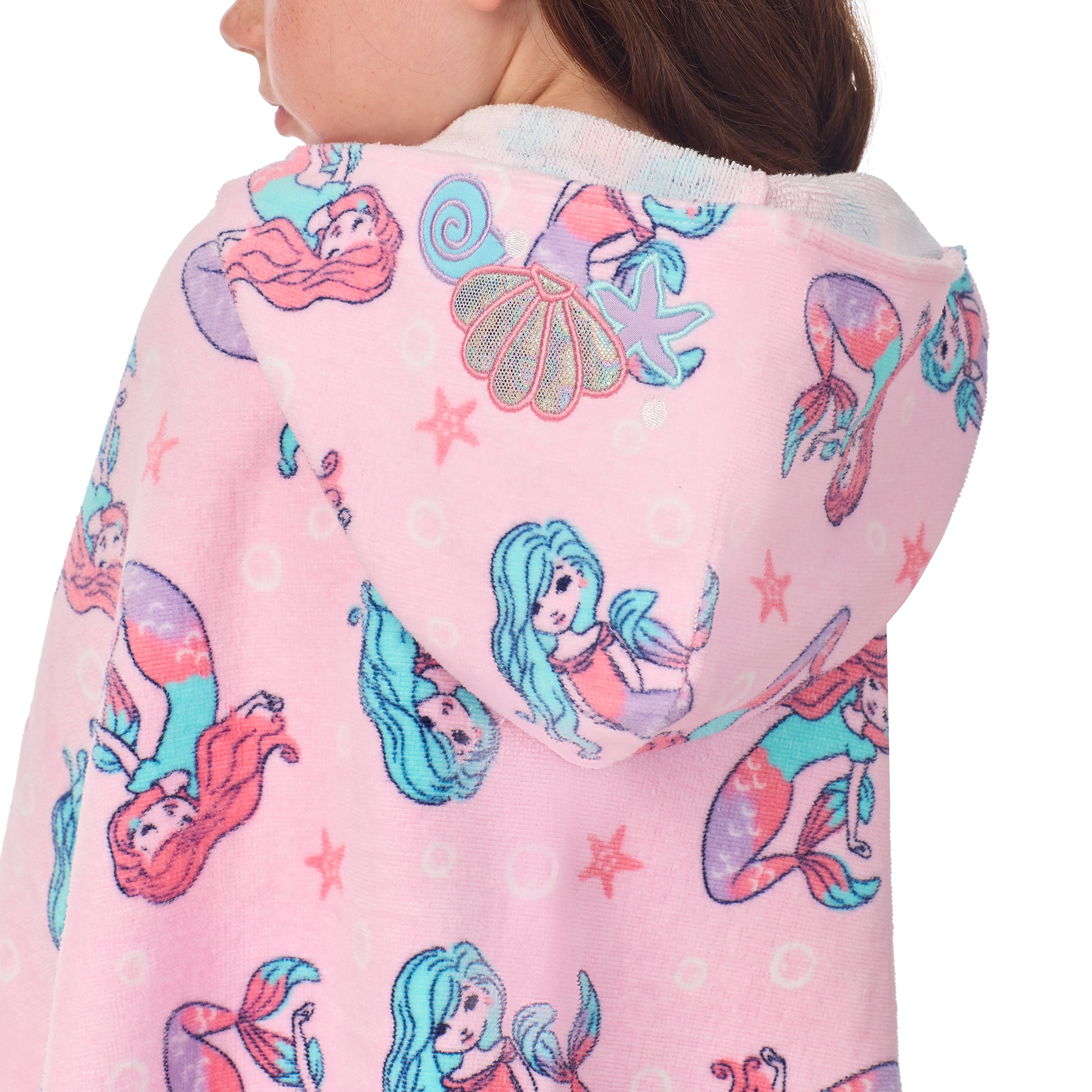 Mermaid Pink;@A girl wearing Character Hooded Towels in Mermaid Pink
