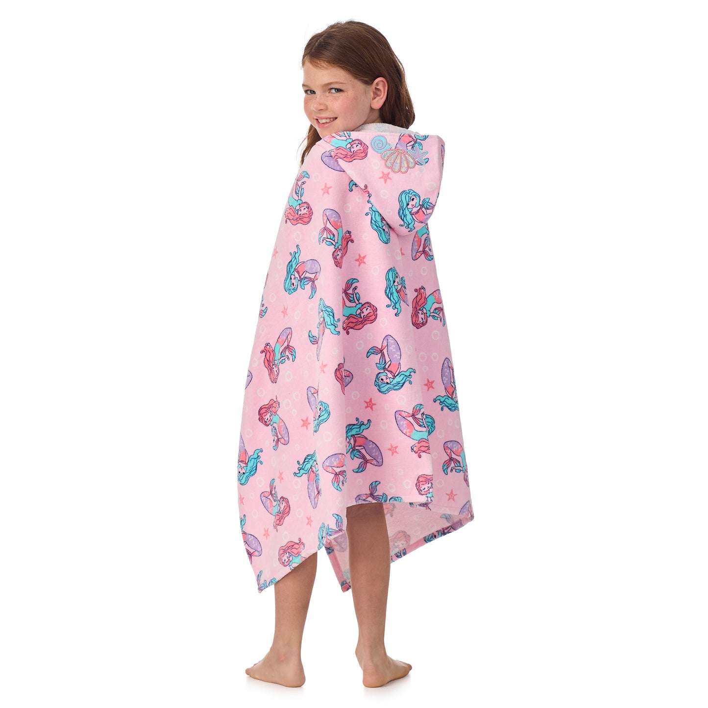 Mermaid Pink;@A girl wearing Character Hooded Towels in Mermaid Pink
