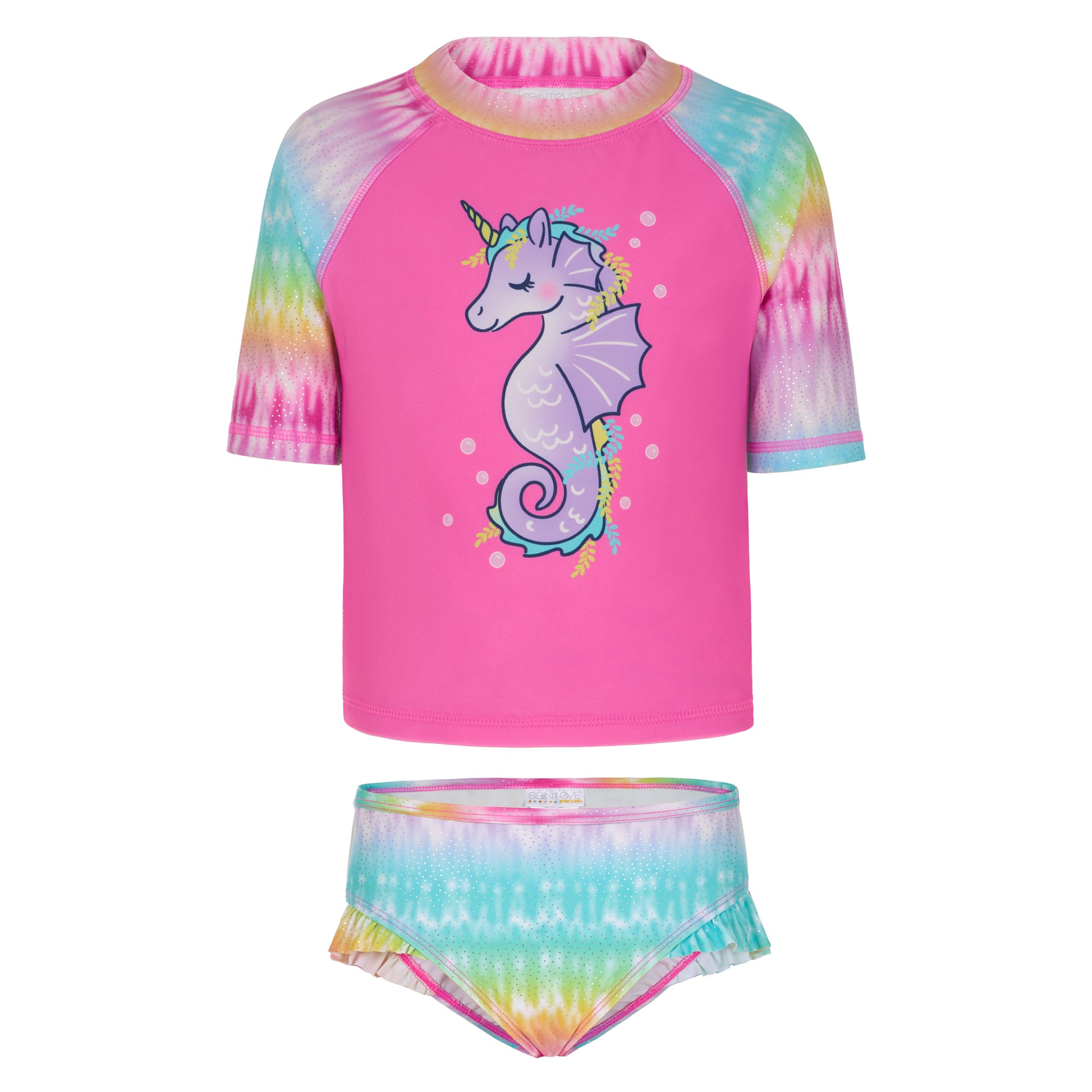 Rainbow Tide Rider;@A Girls' Short Sleeve Rashguard Set in Rainbow Tide Rider
