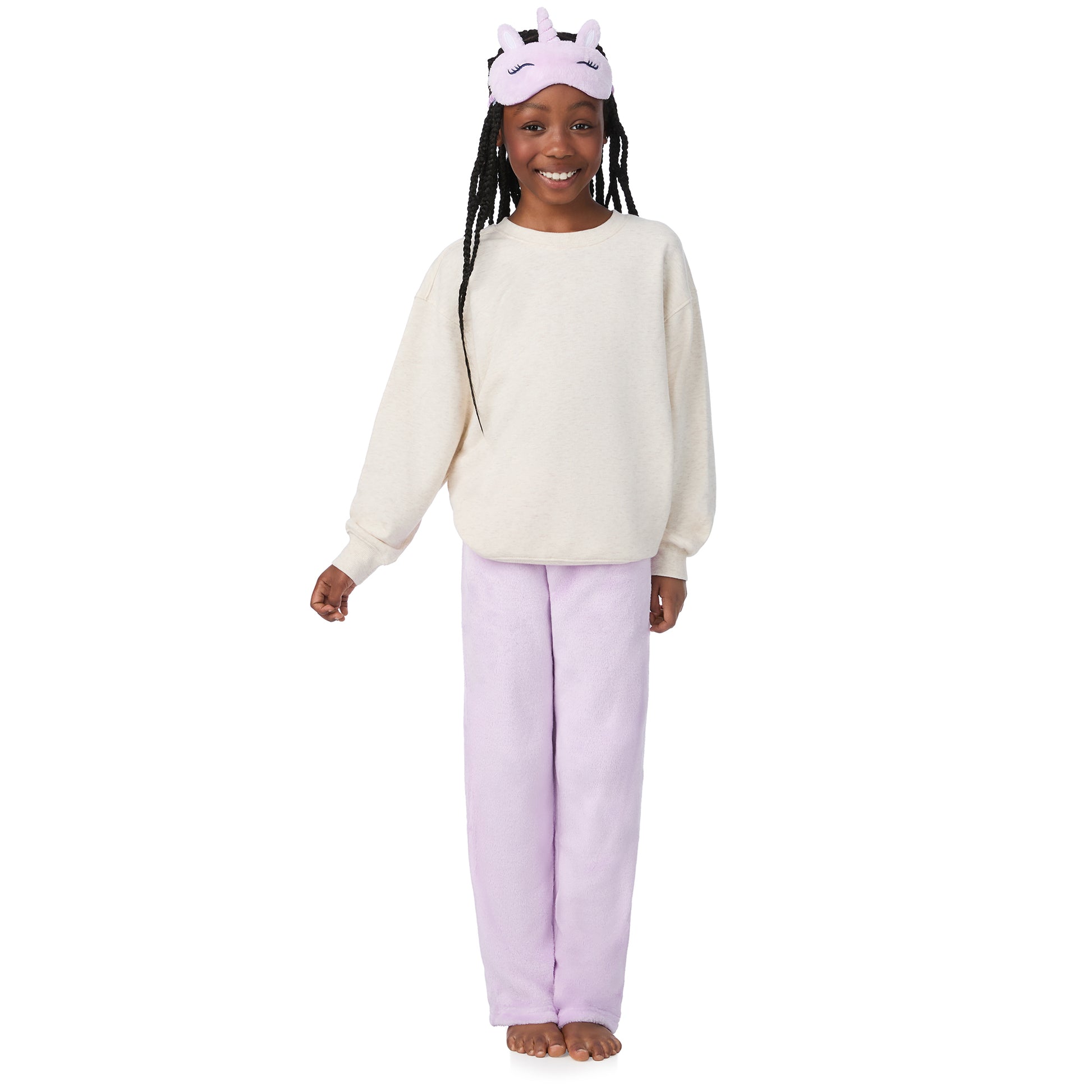Dreamscape Lilac;@A girl wearing 2 Pack Fuzzy Pj Pants With Eye Mask 