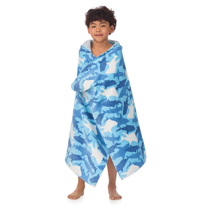 Fin Frenzy Blue;@A boy wearing Character Hooded Towels in Fin Frenzy Blue
