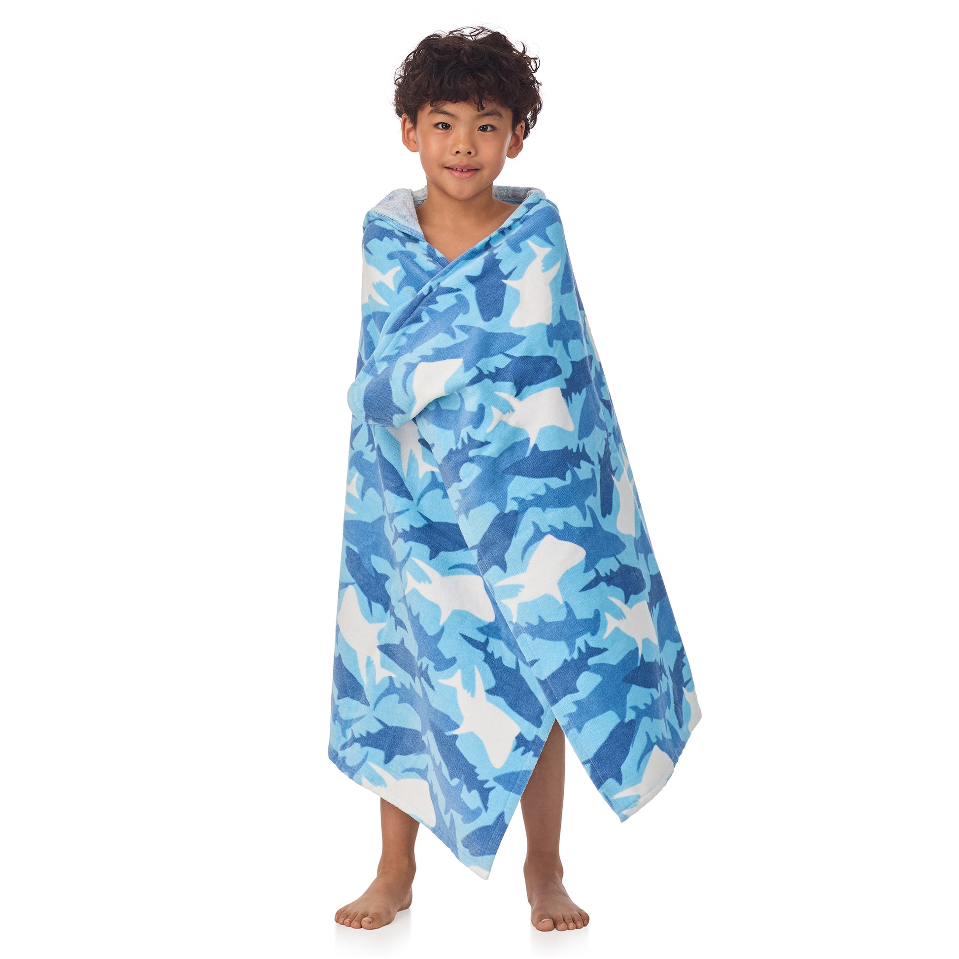 Fin Frenzy Blue;@A boy wearing Character Hooded Towels in Fin Frenzy Blue
