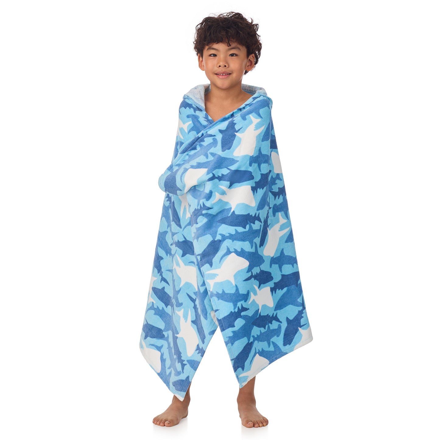 Fin Frenzy Blue;@A boy wearing Character Hooded Towels in Fin Frenzy Blue
