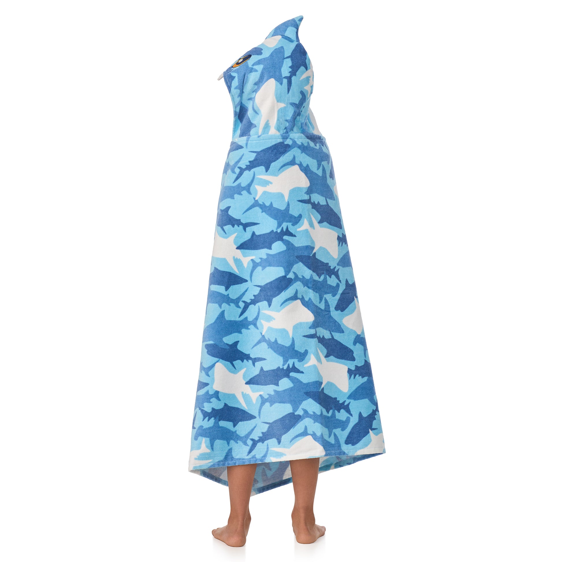 Fin Frenzy Blue;@A boy wearing Character Hooded Towels in Fin Frenzy Blue
