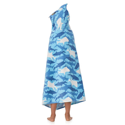 Fin Frenzy Blue;@A boy wearing Character Hooded Towels in Fin Frenzy Blue
