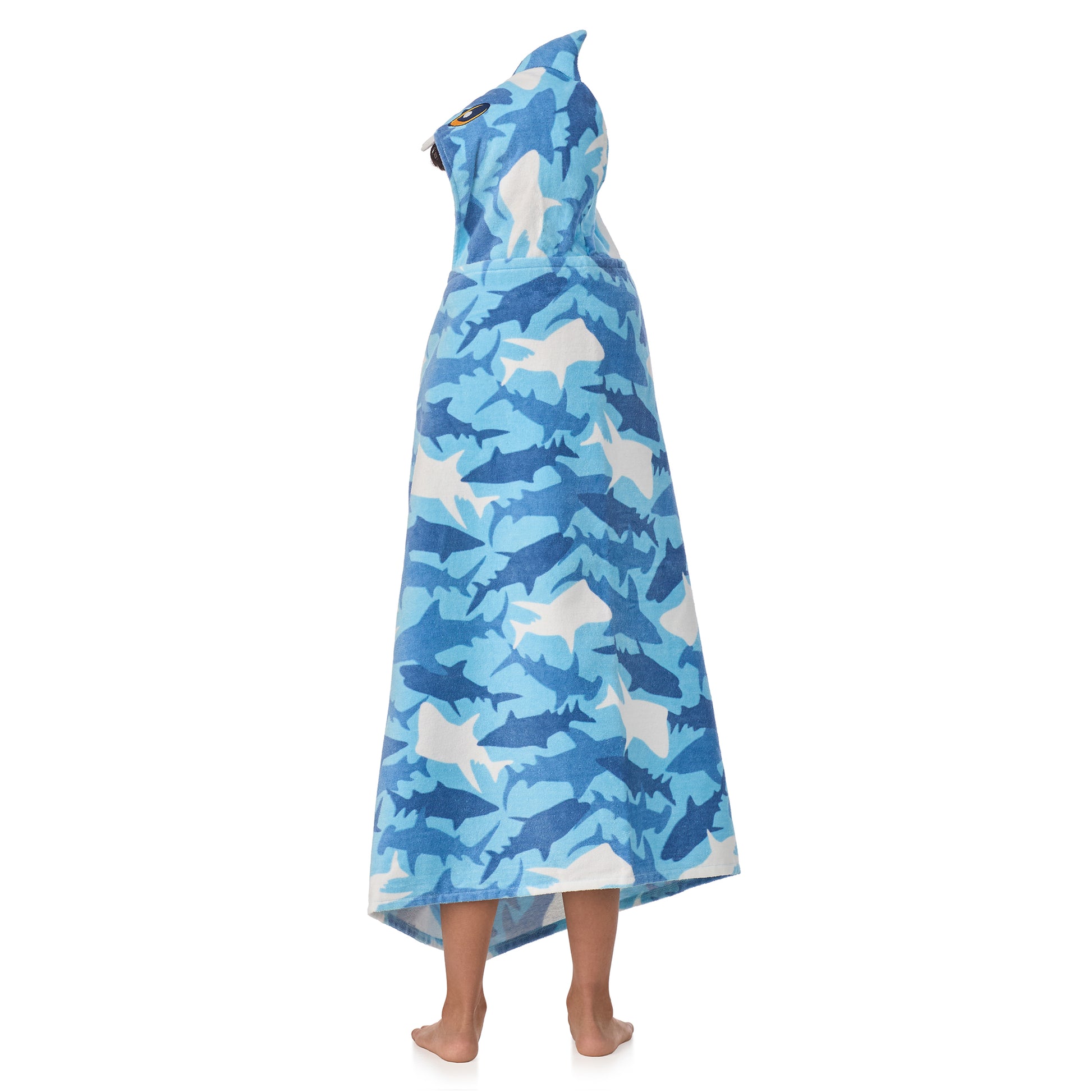 Fin Frenzy Blue;@A boy wearing Character Hooded Towels in Fin Frenzy Blue
