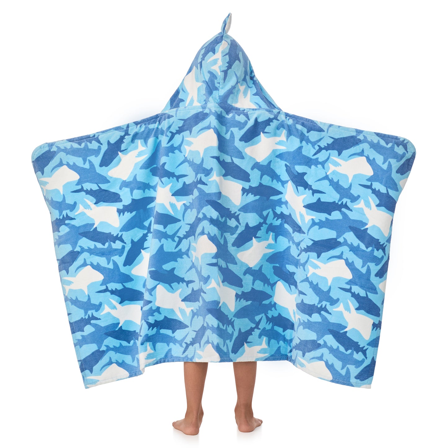 Fin Frenzy Blue;@A boy wearing Character Hooded Towels in Fin Frenzy Blue
