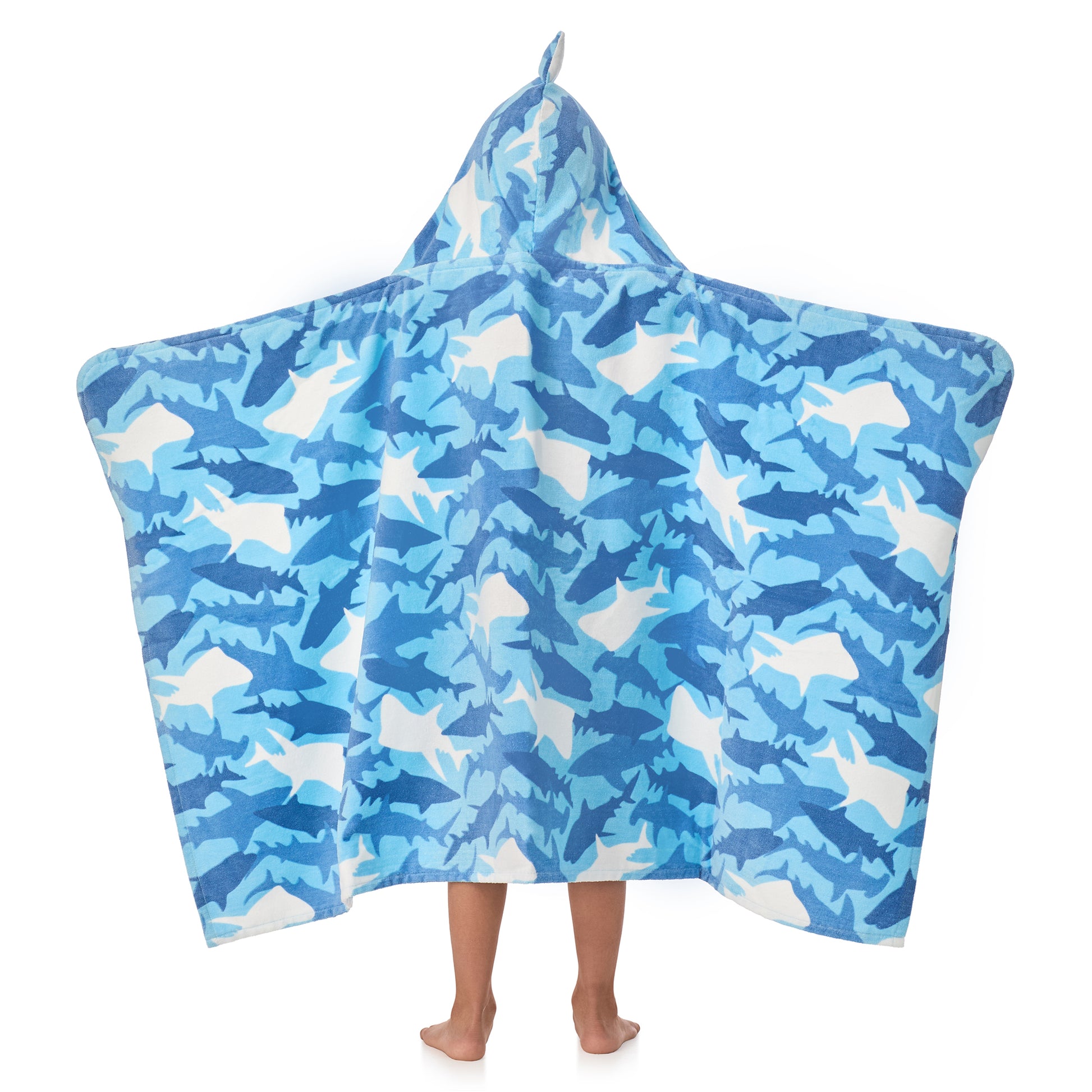 Fin Frenzy Blue;@A boy wearing Character Hooded Towels in Fin Frenzy Blue
