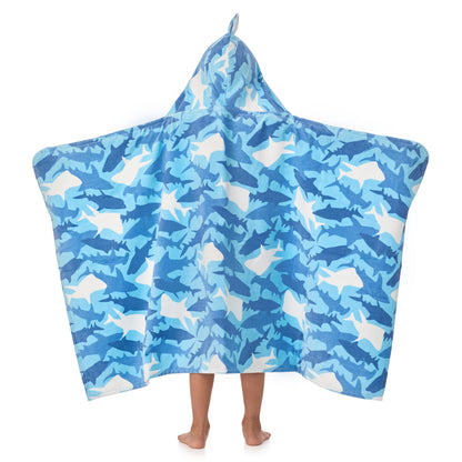 Fin Frenzy Blue;@A boy wearing Character Hooded Towels in Fin Frenzy Blue
