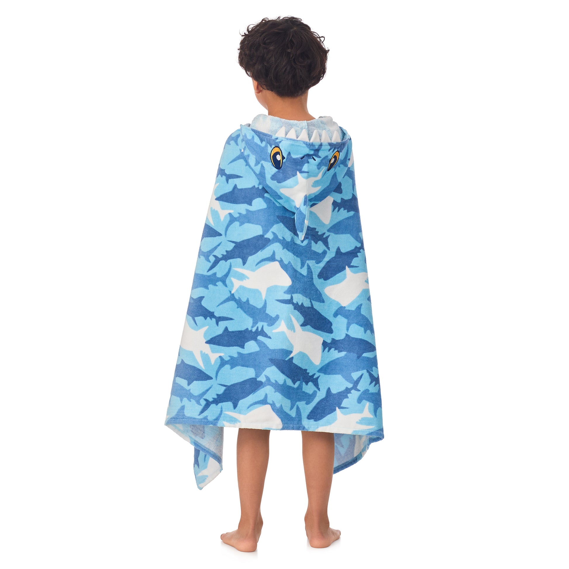 Fin Frenzy Blue;@A boy wearing Character Hooded Towels in Fin Frenzy Blue
