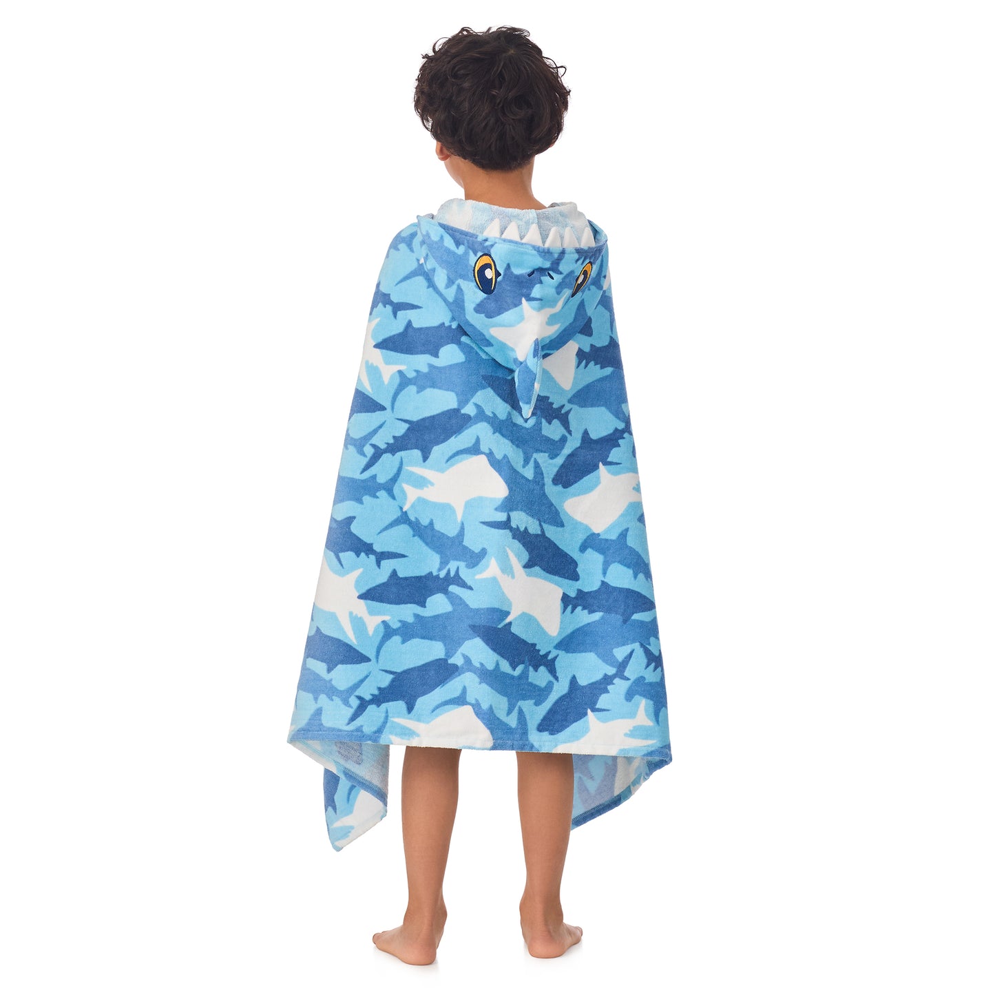 Fin Frenzy Blue;@A boy wearing Character Hooded Towels in Fin Frenzy Blue
