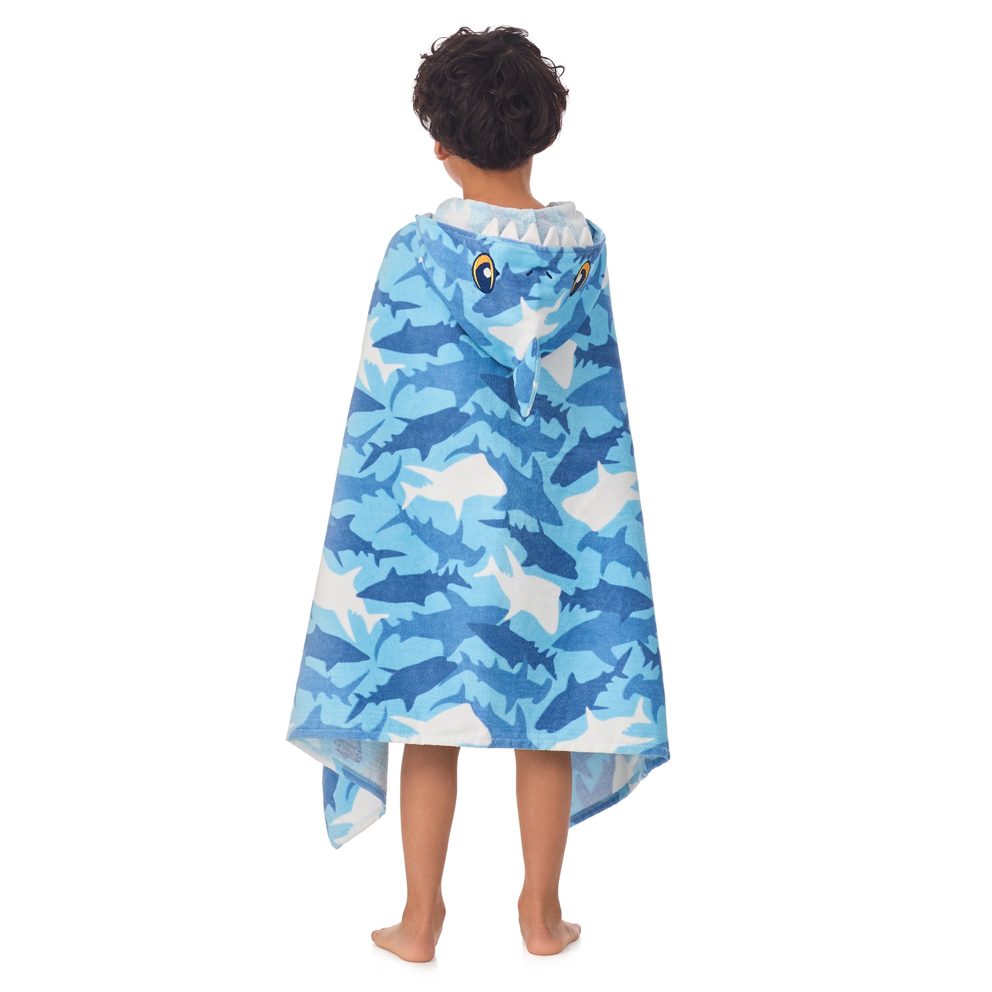 Fin Frenzy Blue;@A boy wearing Character Hooded Towels in Fin Frenzy Blue
