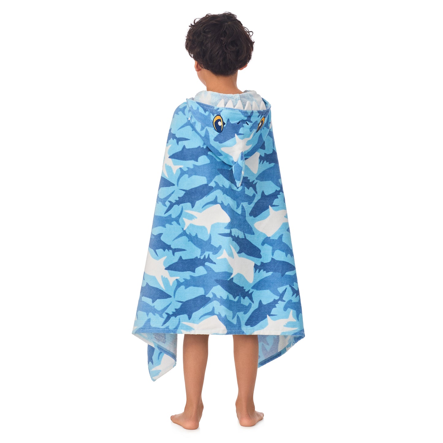 Fin Frenzy Blue;@A boy wearing Character Hooded Towels in Fin Frenzy Blue
