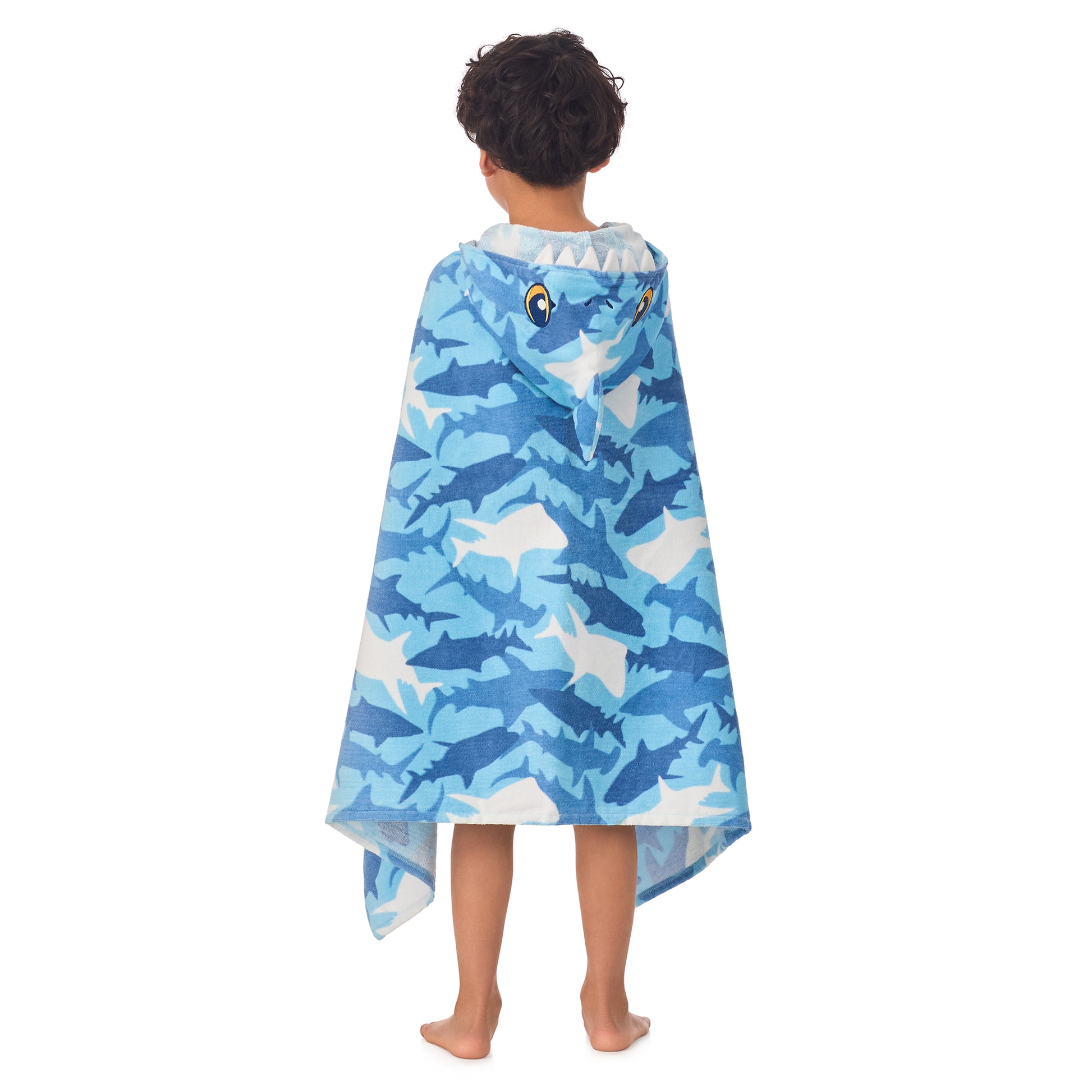 Fin Frenzy Blue;@A boy wearing Character Hooded Towels in Fin Frenzy Blue
