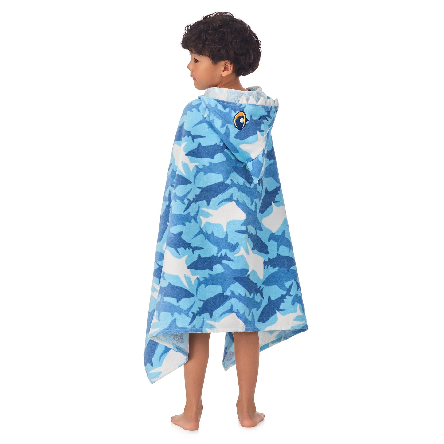 Fin Frenzy Blue;@A boy wearing Character Hooded Towels in Fin Frenzy Blue
