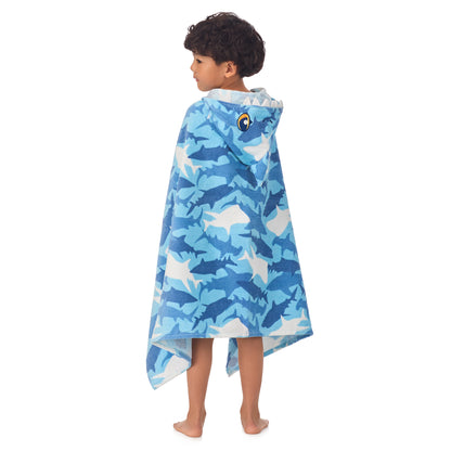 Fin Frenzy Blue;@A boy wearing Character Hooded Towels in Fin Frenzy Blue
