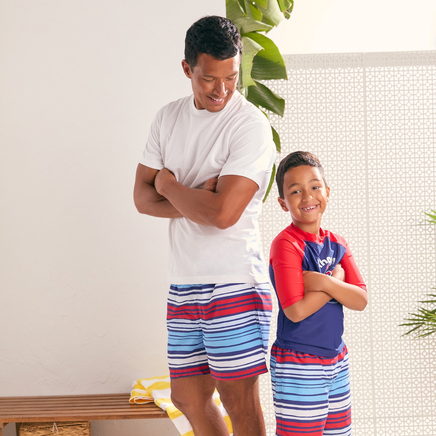Set Sail Stripe;@A man and a boy wearing Swim Trunk in Set Sail Stripe
