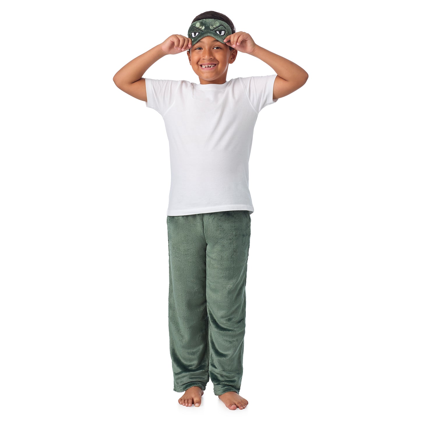 Jurassic Jungle;@A boy wearing 2 Pack Fuzzy PJ Pants with Eye Mask
