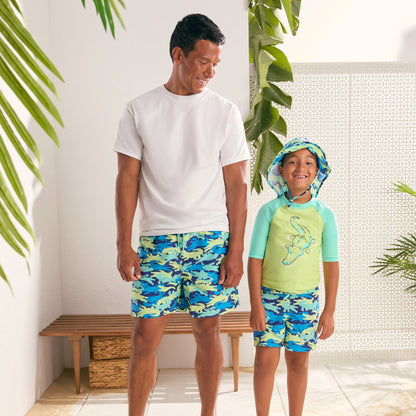 Gator Camo;@A man and a boy wearing Swim Trunk in Gator Camo
