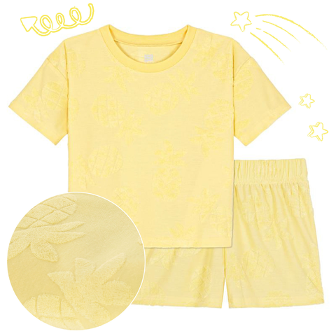 Mellow Yellow Pineapple;@A girl wearing Girls' Terry Short Set in Mellow Yellow Pineapple