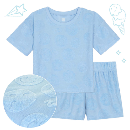 Blue Sleepy Smiles;@A girl wearing Girls' Terry Short Set in Blue Sleepy Smiles
