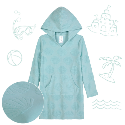 Seashell Splash Aqua;@A girl wearing Hooded Terry Cover Up Dress in Seashell Splash Aqua
