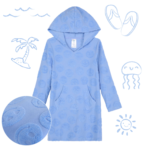 Seaside Smiles Blue;@A girl wearing  Hooded Terry Cover Up Dress in Seaside Smiles Blue