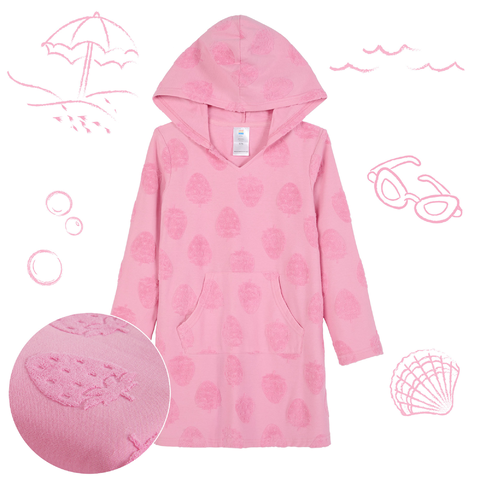 Strawberry Fields Pink;@A girl wearing Hooded Terry Cover Up Dress in Strawberry Fields Pink
