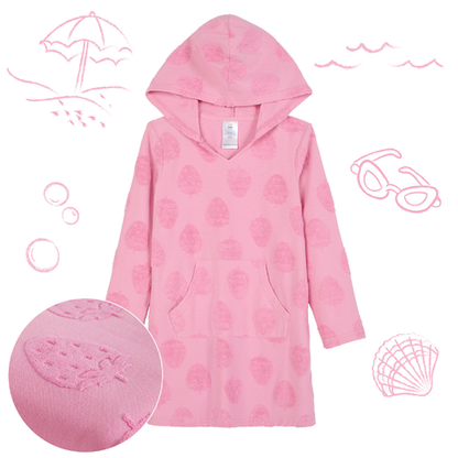 Strawberry Fields Pink;@A girl wearing Hooded Terry Cover Up Dress in Strawberry Fields Pink
