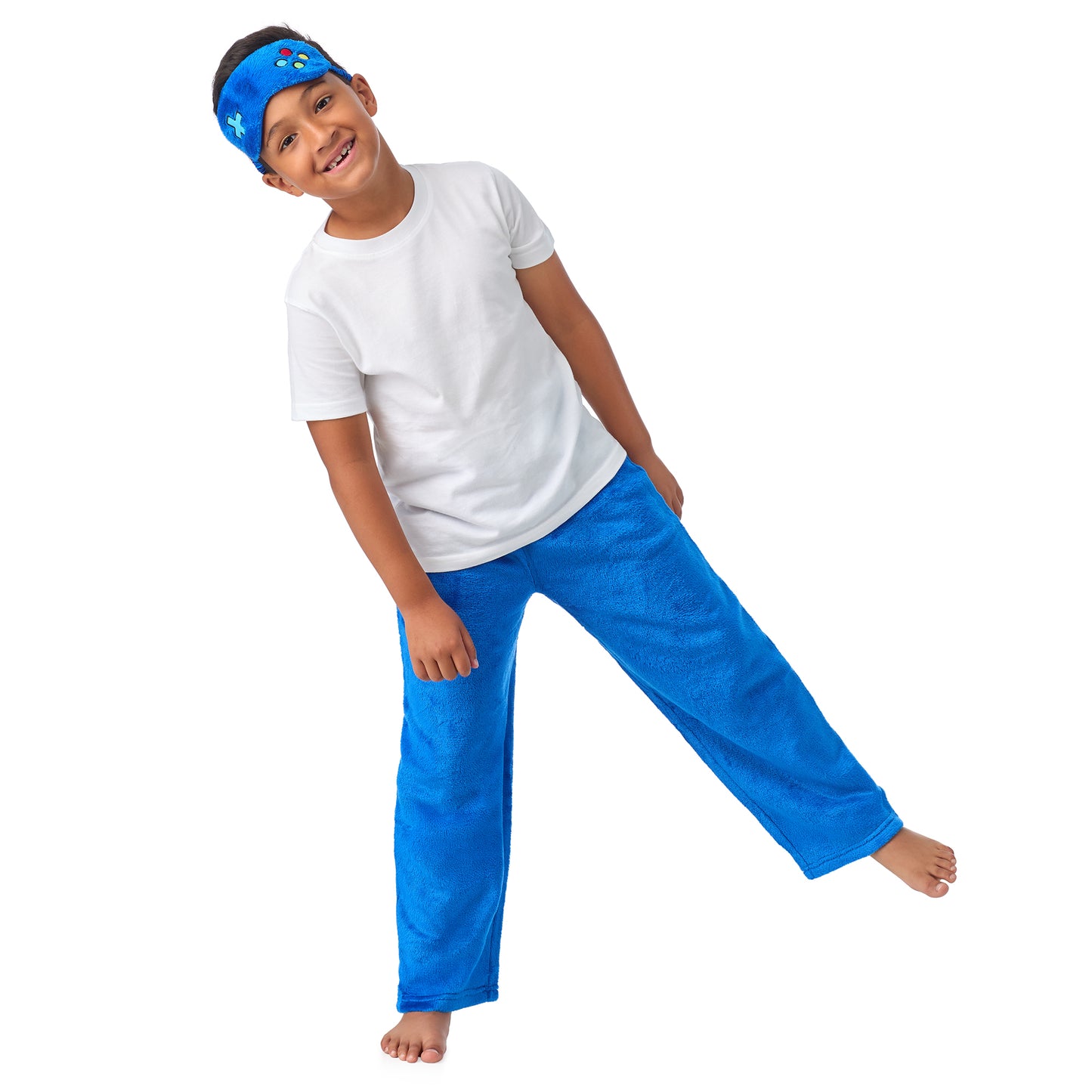 Power-up Blue;@A boy wearing 2 Pack Fuzzy PJ Pants with Eye Mask