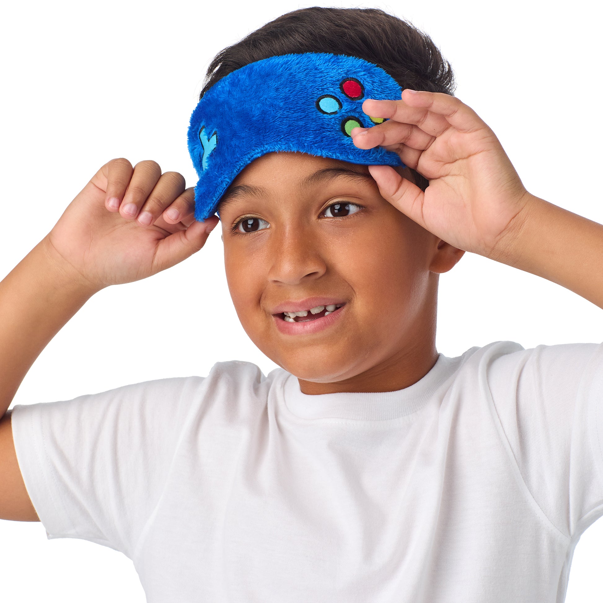 Power-up Blue;@A boy wearing 2 Pack Fuzzy PJ Pants with Eye Mask