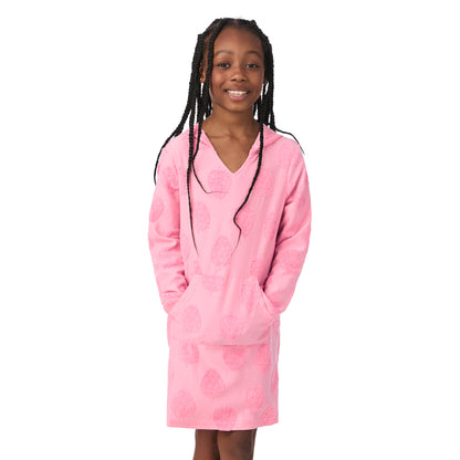 Strawberry Fields Pink;@A girl wearing Hooded Terry Cover Up Dress in Strawberry Fields Pink
