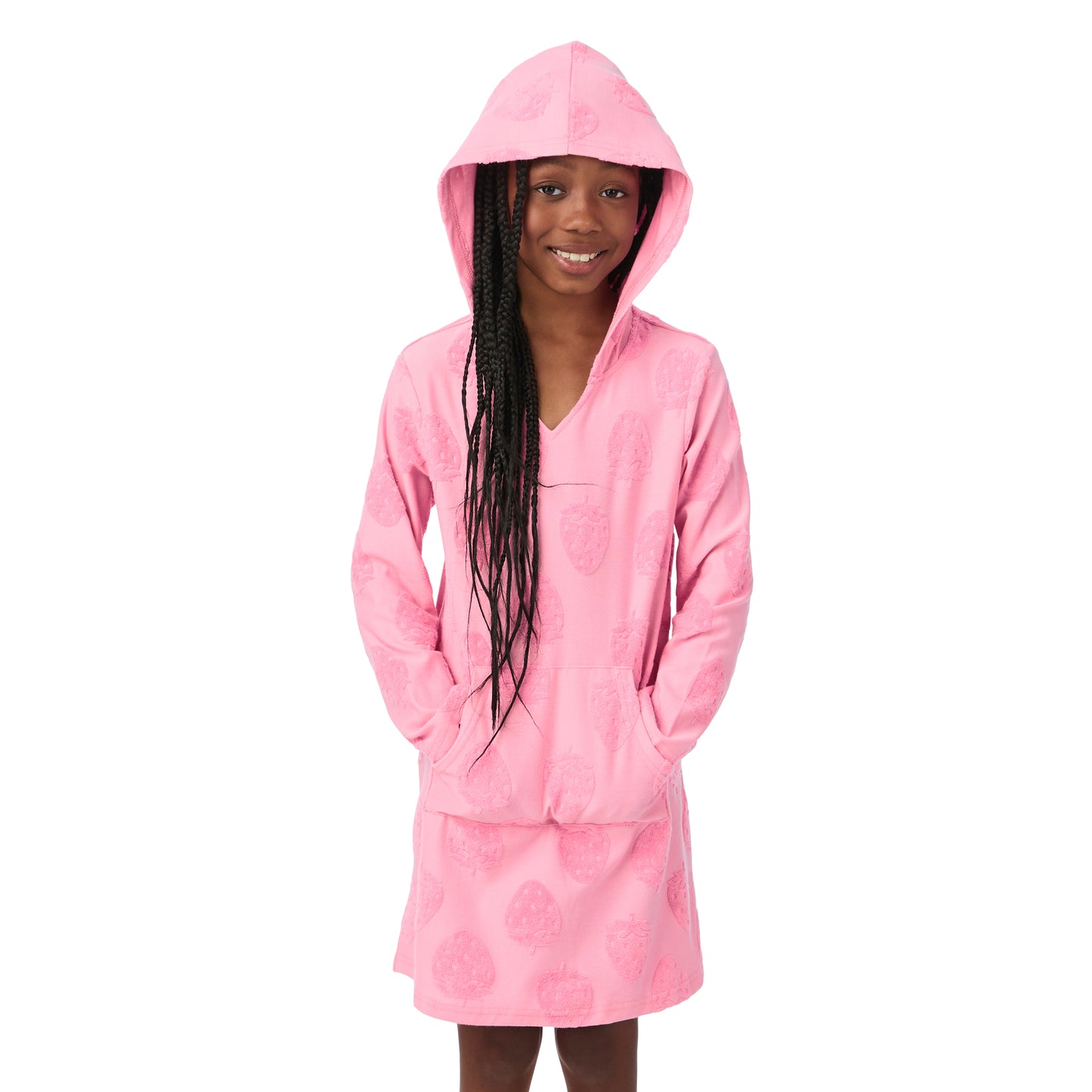 Strawberry Fields Pink;@A girl wearing Hooded Terry Cover Up Dress in Strawberry Fields Pink
