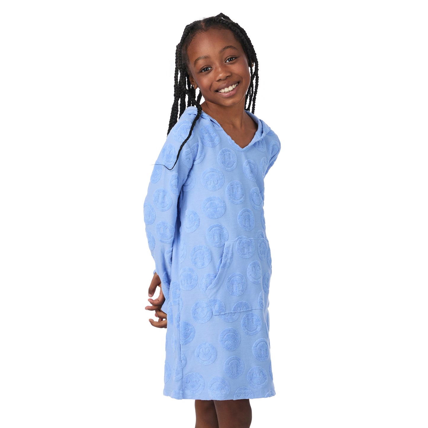 Seaside Smiles Blue;@A girl wearing  Hooded Terry Cover Up Dress in Seaside Smiles Blue
