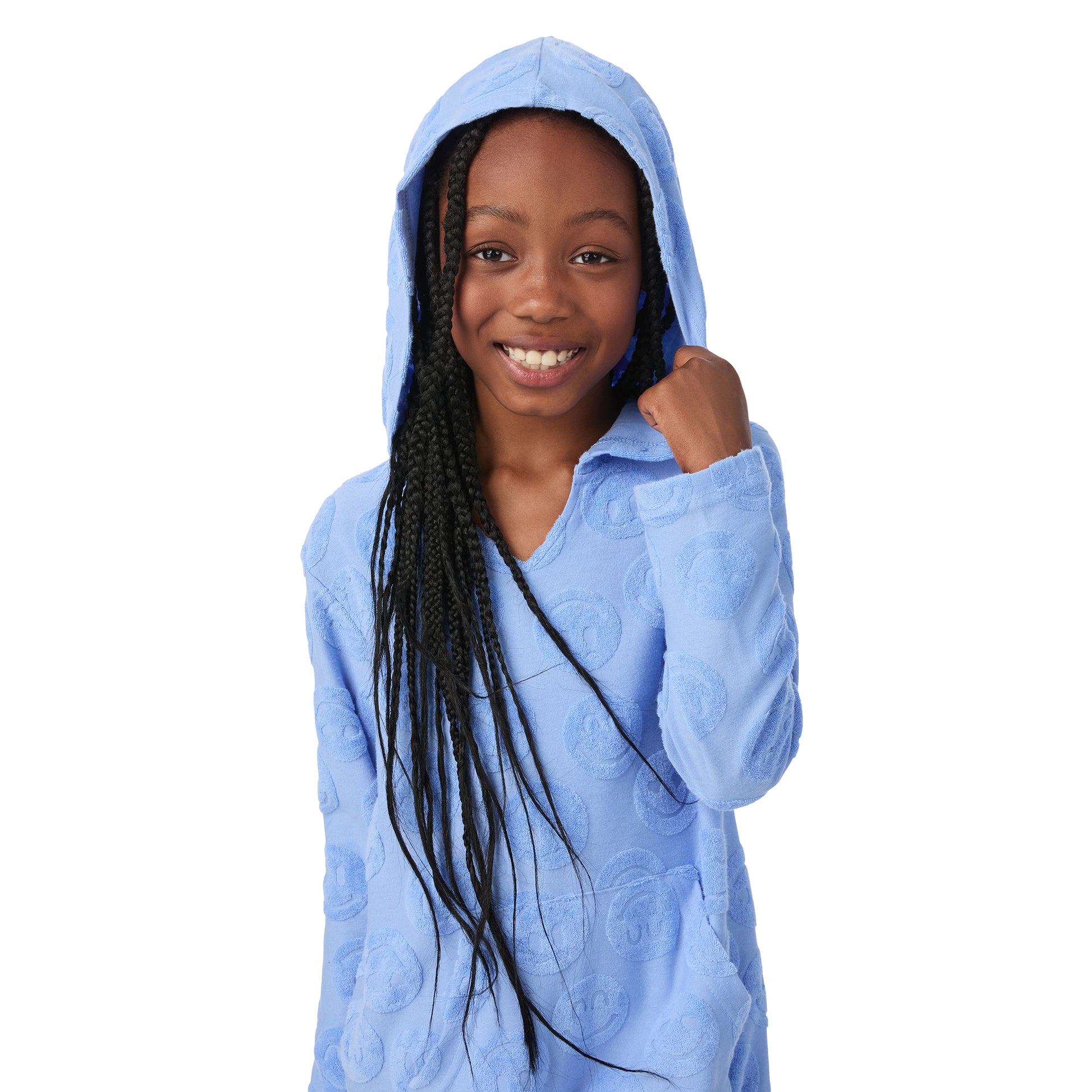 Seaside Smiles Blue;@A girl wearing  Hooded Terry Cover Up Dress in Seaside Smiles Blue
