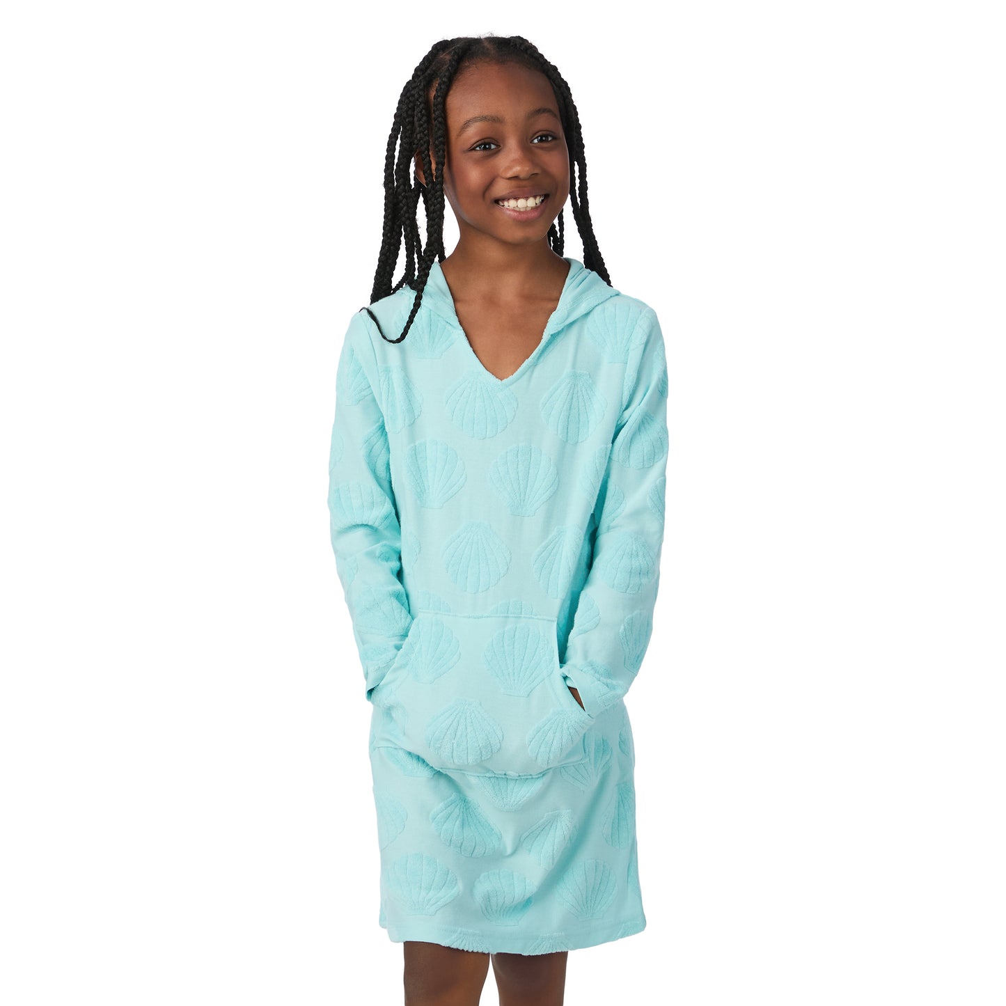 Seashell Splash Aqua;@A girl wearing Hooded Terry Cover Up Dress in Seashell Splash Aqua
